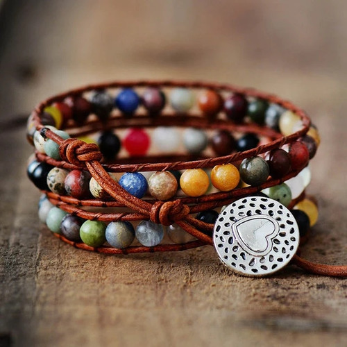 Vintage Leather Bracelets Vibrant Natural Stones 3 Strands Wrap Bracelets Woven Strand Bracelet Handmade Beads Jewelry