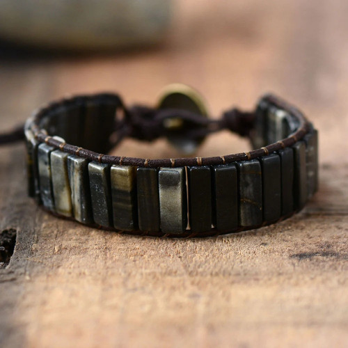 New Boho Bracelets Tube Shape Natural Stone Single Leather Wrap Bracelet Semi Precious Stones Beadwork Couple Bracelet