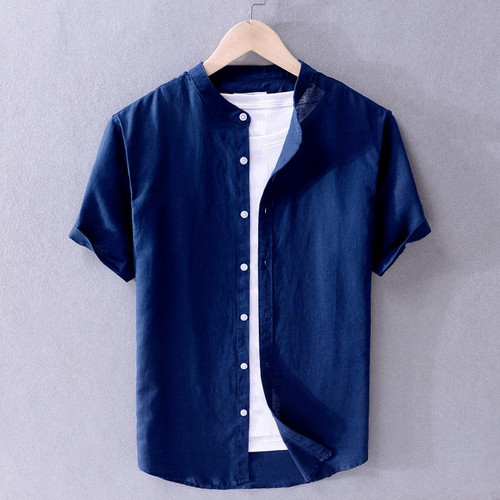 Summer Shirts Men Pure Cotton Linen Shorts Sleeve Slim Fit Stand Collar Tops Clothing