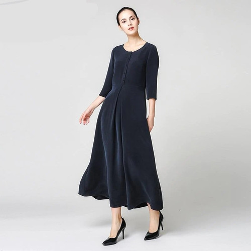 Heavy Silk Plus Size Navy Blue Dress Slim Simple Vintage Elegant Brief A Line Maxi Long Dresses Women Clothing