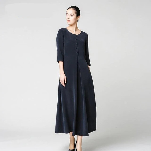 Heavy Silk Plus Size Navy Blue Dress Slim Simple Vintage Elegant Brief A Line Maxi Long Dresses Women Clothing