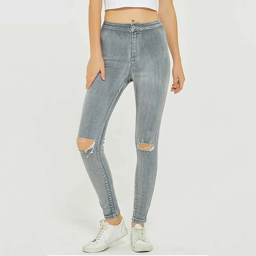Simple Skinny boyfriend jeans for women Knee Holes High Waist Skinny Pencil Pants Gray Trousers ripped jeans for women