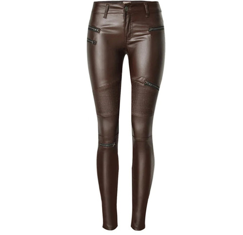 Women PU Leather Pants Stretch Brown Pants  Female Elasticity Women's Tights Pencil PU Leather Pants Plus Size