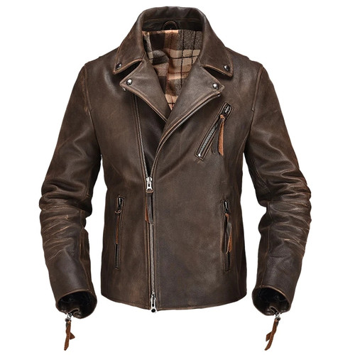 Vintage Brown Biker Style Genuine Leather Jacket Men Real Autumn Slim Fit Motorcycle Leather Coat