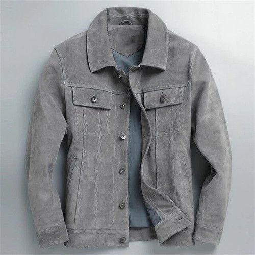 Grey Casual Style Genuine Leather Jacket Men Single Breasted Real Suede Autumn Slim Fit Leather Coat