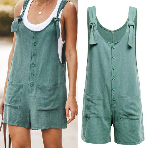 Women Rompers Summer Casual Loose Sleeveless Jumpsuit Solid Button Pocket Suspenders Bib Short Pants Wide Leg Playsuits Overalls