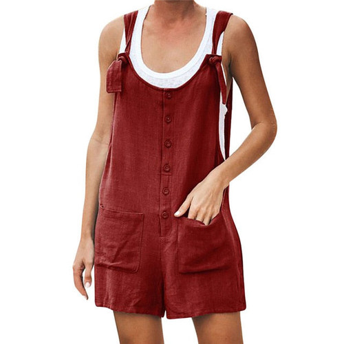 Women Rompers Summer Casual Loose Sleeveless Jumpsuit Solid Button Pocket Suspenders Bib Short Pants Wide Leg Playsuits Overalls