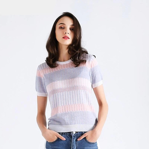 Summer women T-shirt Tencel Knitted short sleeves ruffles O-neck Pullovers Jumper Computer Knitted  Sweaters Multicolor