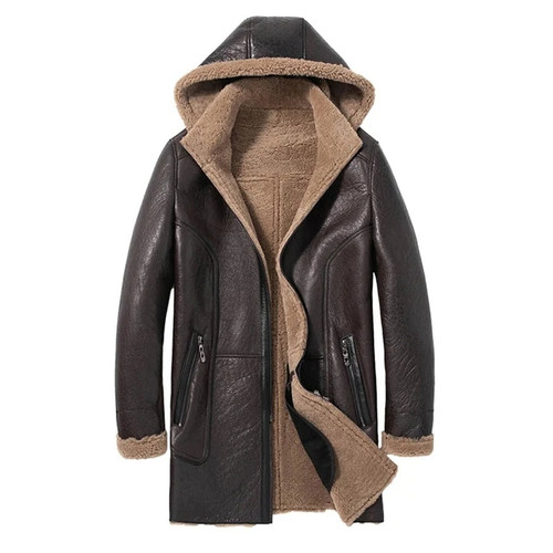 New Detachable Hooded Men Medium Long Thicken Sheepskin Fur Shearling Coat Winter Business Casual Men Real Fur Jackets