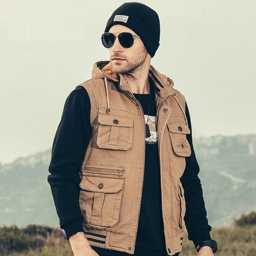 Men Outdoor Autumn New Cotton Cargo Tactical Vests Jacket Men Outerwear Fish Multi Pocket Sleeve Jacket Vests Coat Men