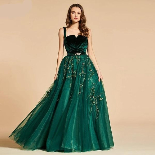 green long evening dress elegant spaghetti strap beading zipper up wedding party formal dress lace evening dresses