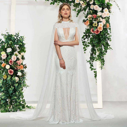 elegant lace high neck mermaid sleeveless button hollow wedding dress floor length simple bridal gowns wedding dress