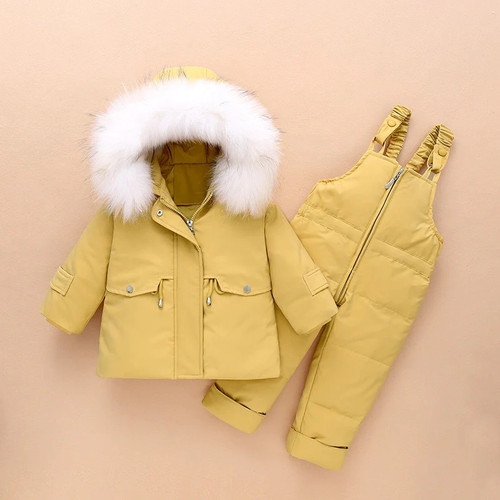 Winter Children's Down Jacket With Big Fur Hooded Winter Clothes Overalls Solid Color Snow Kids Newborn Baby Jumpsuit