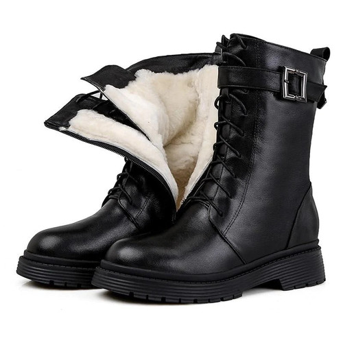 Full Genuine leather ankle boots zipper buckle punk platform motorcycle boots sheep wool winter snow boots women