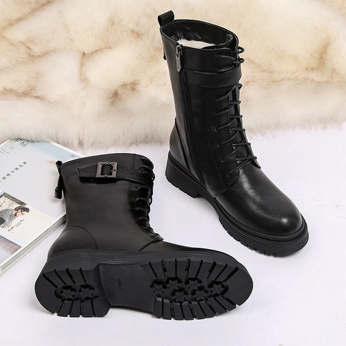 Full Genuine leather ankle boots zipper buckle punk platform motorcycle boots sheep wool winter snow boots women