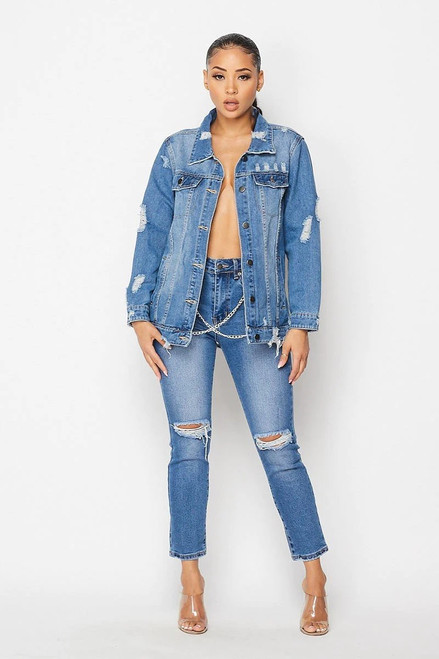 Sexy Back Chains Hollow Out Long Denim Jacket Plus Size 3XL Women Backless Ripped Hole Jeans Jacket Streetwear Coat