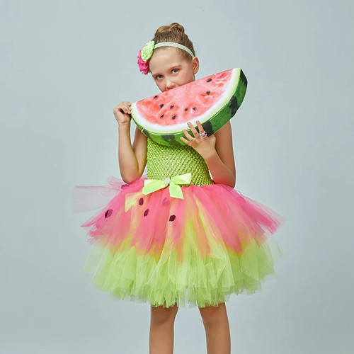 Girls Watermelon Miss Fruit Food Summer Tutu Dress with Headband Tropical Hawaiian Kids Fancy Dress Costume Halloween Outfit