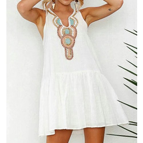 Summer Casual Dress Hot Sexy White Printed V Neck Sleeveless Patchwork Short Mini Dress Women Loose Short Holiday Dresses