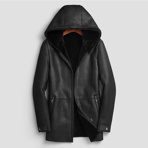 Men's Genuine Leather Jacket Sheepskin Winter Warm Wool Coat Black Shearling Outerwear Luxury Thick Fur