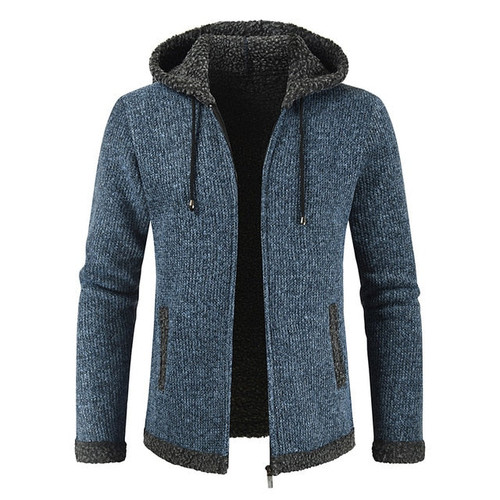 Hooded Mens Cardigan Casual Solid Color Zipper Pocket Warm Thick Sweater Men Winter Loose Men's Sweater