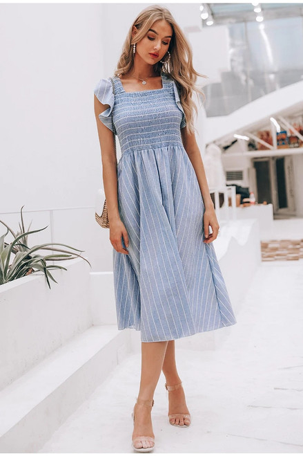 Vintage striped women long dress Ruffle linen blue elegant summer dress Casual cotton fashion female beach vestidos