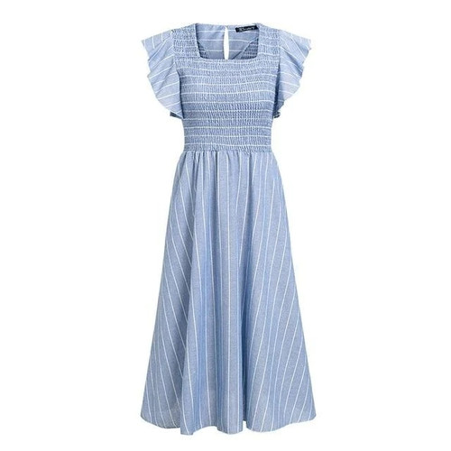 Vintage striped women long dress Ruffle linen blue elegant summer dress Casual cotton fashion female beach vestidos