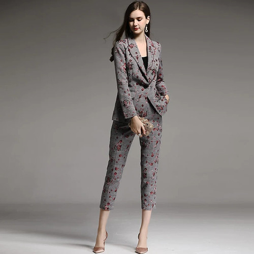 High-end autumn winter women Suit rayon vintage floral slim beading coat +calf-length pants  2 pieces lady set female M-XXL