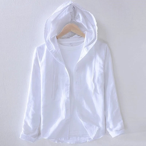 Men Spring And Autumn Style Striped Cotton Linen Hooded Shirt Male Casual Long Sleeve White Shirt Cloth