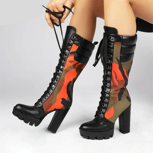 Boots Women Camouflage Long Boots Winter Thick Heel Platform Mid-Calf Boots Knee High female+shoes