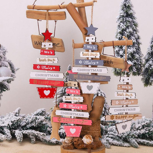 New Year Alphabet Christmas tree shape Hollow Decoration Door Hanging Pendant Christmas Ornaments Wooden Hanging