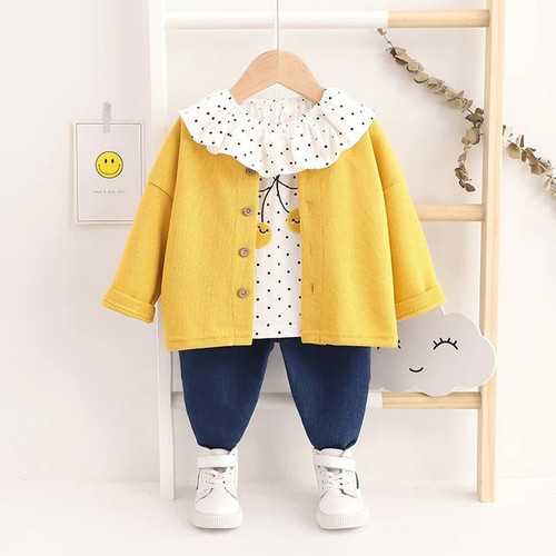 Baby Cardigan Polka Dot Top Jeans 3 pcs Set Suits Autumn Toddler Tracksuit Children Girls Clothing Sets Kids Clothes for 1-4 Yrs