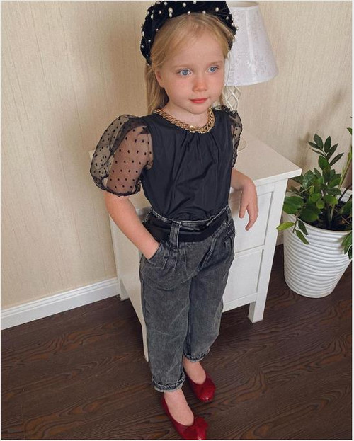 Baby Girls 2Pcs Outfits Solid Puff Sleeve T-shirt Tops+Denim Long Pants Summer Casual Clothes Set 1-6Y