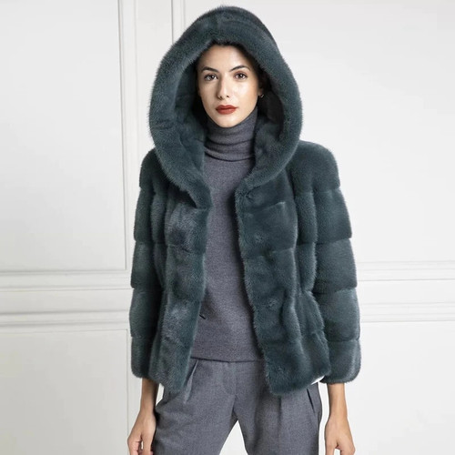 Women Short Genuine Mink Fur Jacket With Hood Natural Skin Real Mink Fur Coat Russian Winter Fur Coats Outwear