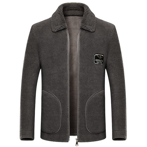 Luxury Men's Fur Jacket Casual Turn Down Collar Coat Full Zip Sheepskin Wool-one Side Pocket Long Sleeve Fleece Male Warm Suit