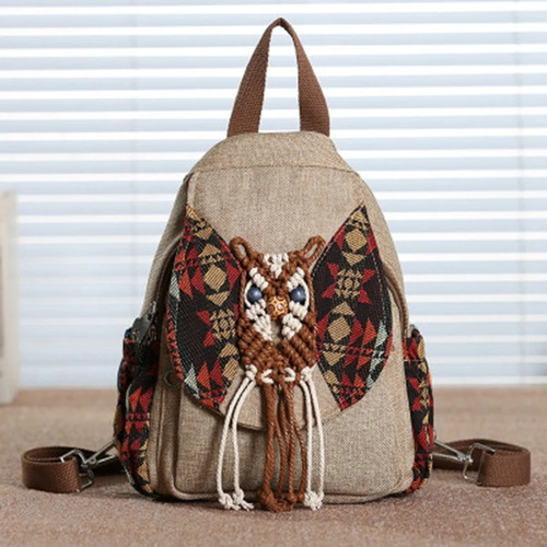 Handmade Backpack Women Vintage Weave Bag New National Tassel Backpack For Female Splice Owl Pattern Travel Bag