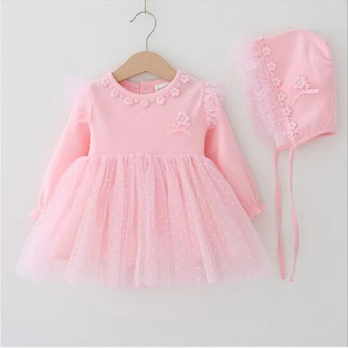 Pink Lace Baby Girl Sets Spring Autumn Newborn Infant Clothing Long Sleeve Dress+Cap 2pcs Casual Girls Clothes Baby Kleding