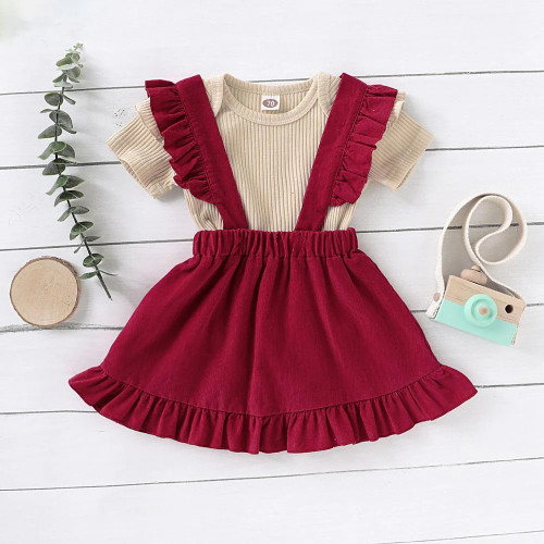 Summer New Toddler Baby Girls Short Sleeve Solid Tops+Suspender Skirt Outfits Casual 2Pcs Children Clothes