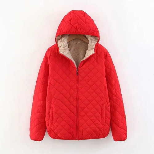 Autumn And Winter Slim And Thin Check Lamb Wool Ladies Hooded Zipper Coat Thick Warmth Solid Color Women Cotton Clothing