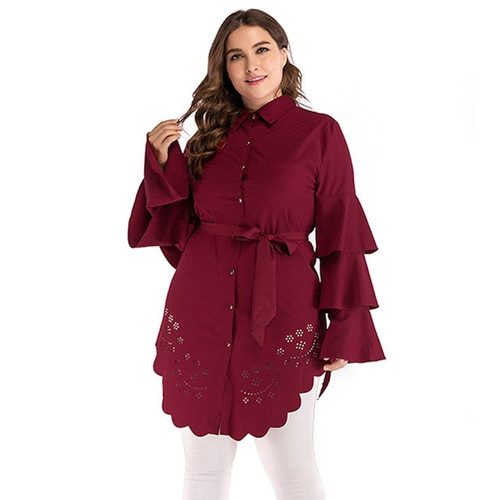 Casual Ruffles Sleeve Women Shirts Blouse Long Sleeve Hollow Out Irregular Ladies Tops Plus Size 5XL Long Tops Shirt