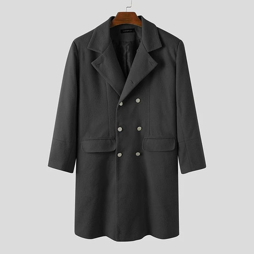 Mens Casual Solid Trench Winter Long Sleeve Lapel Coats Fashion Double Breasted Long Style Jackets Men Overcoats