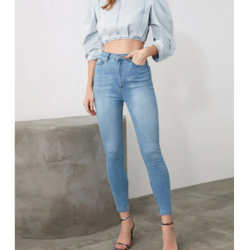 Women Skinny Jeans Light Blue High Waist Denim Stretch Washed Autumn-winter Elastic Size Slim fit Pencil Pants