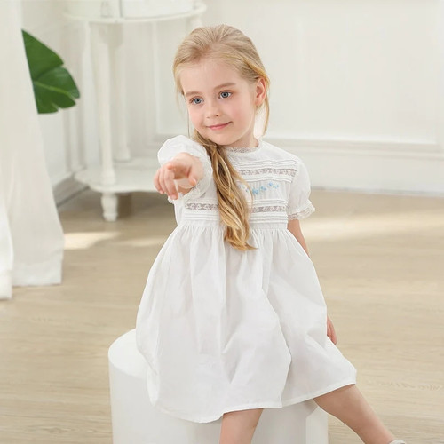 Children Spanish Boutique White Dress Girls Hand Made Embroidery Flower Cotton Frock Baby Newborn Baptism Lace Dresses 3M-5Y