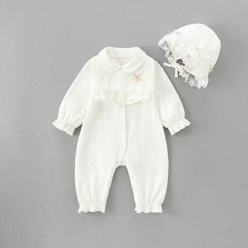 Newborn Baby Girls Rompers Jumpsuit England Style Peter Pan Collar Lace Cute Baby Clothes Outfit 0-24M