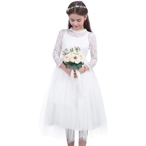Girls Floral Lace Mesh Long Sleeves Lackework Neck Flower Girl Dresses Tea Length Princess Gowns Wedding Birthday Party Dress