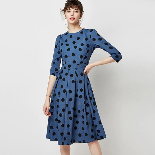 Women Casual Polka Dot Dress A Line Elegant Office Tunic Dress Three Quarter Sleeve O Neck Vintage Dresses