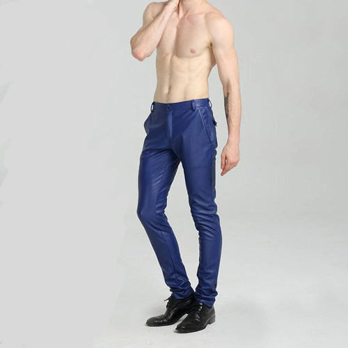 Men Leather Pants Blue Red Skinny Pantaloon Male Sexy Faux Leather Trousers Dance Pants Mens Clothing
