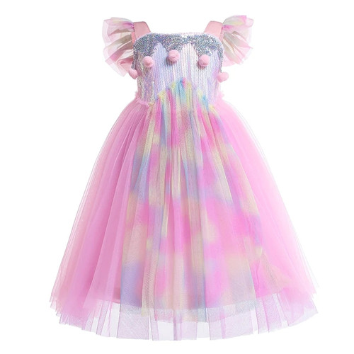 Summer Girls Rainbow Tulle Dress kids Puffer Ball flare sleeve Vetidos Elsa Cosplay Girls princess Dresses Robe fille 3-10Y