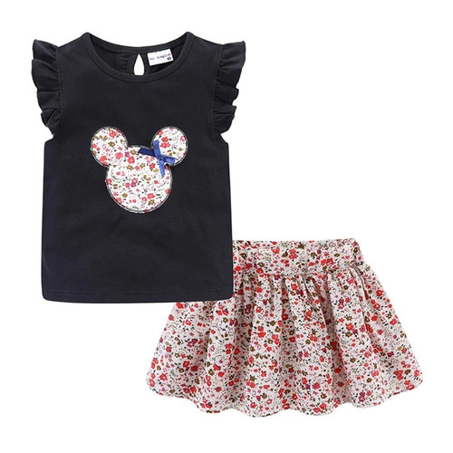 Cute Girls Clothes Sets Floral 2Pcs Cartoon Kids Ruffle Sleeve Tank Top and Skirt Outfits Adorable