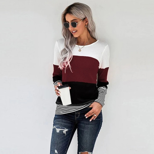 Autumn And Winter Woman Knitted Clothes Sweaters Stitching Color Long Sleeve Winter Blouses For Top Clothing For Women's