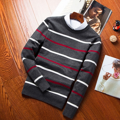 Autumn Winter Cashmere Striped Sweater Men Brand Sweater O-neck Casual Cotton Mens Knitted Pullover Sweaters Pull Homme